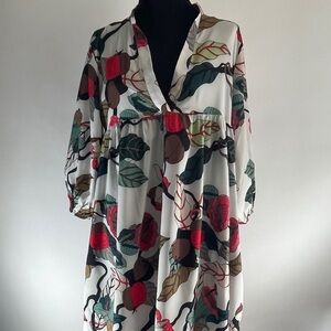 Smocked Floral Long Sleeved V-Neck Dress